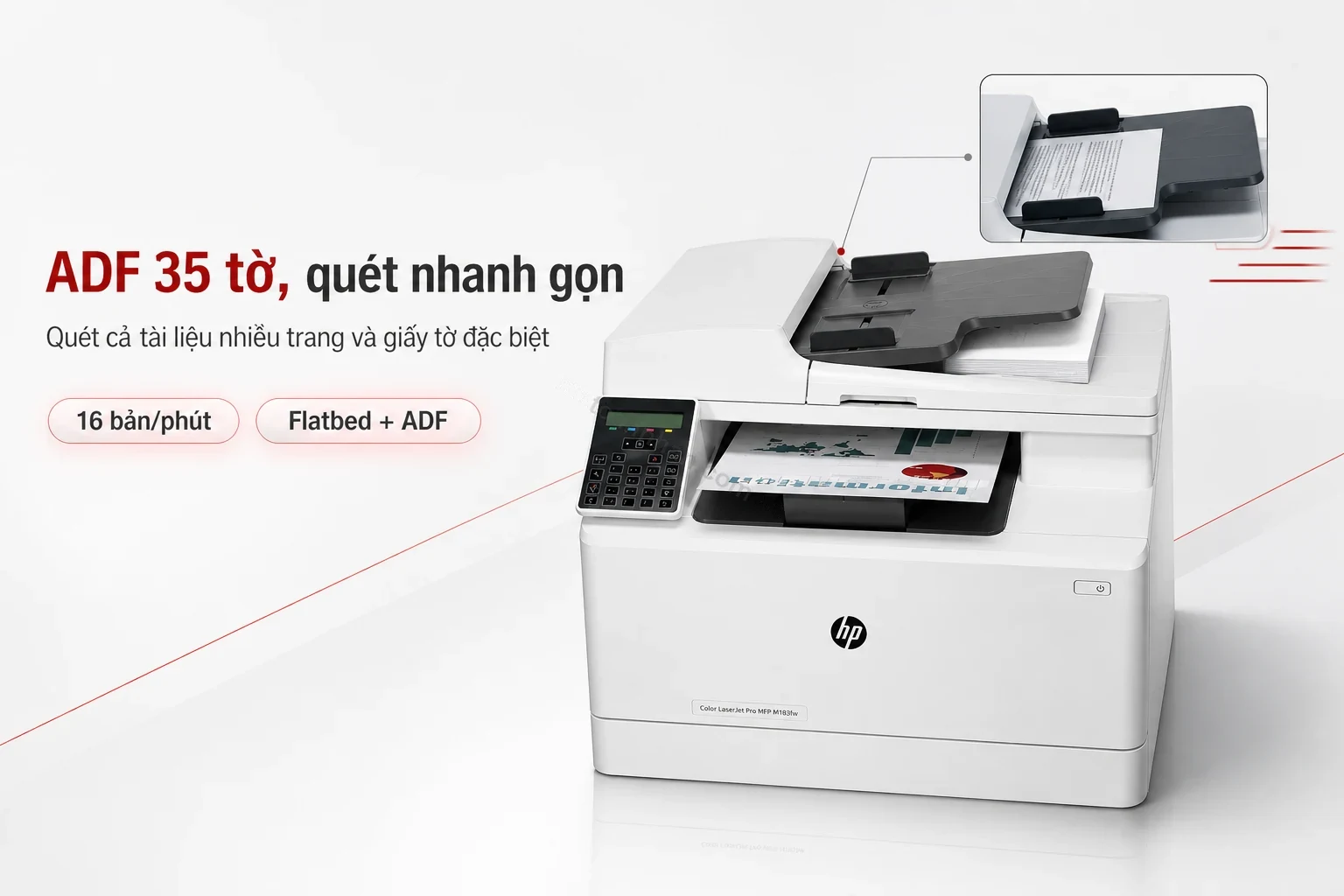 Khay ADF 35 tờ quét tài liệu nhanh trên máy in HP MFP M183fw