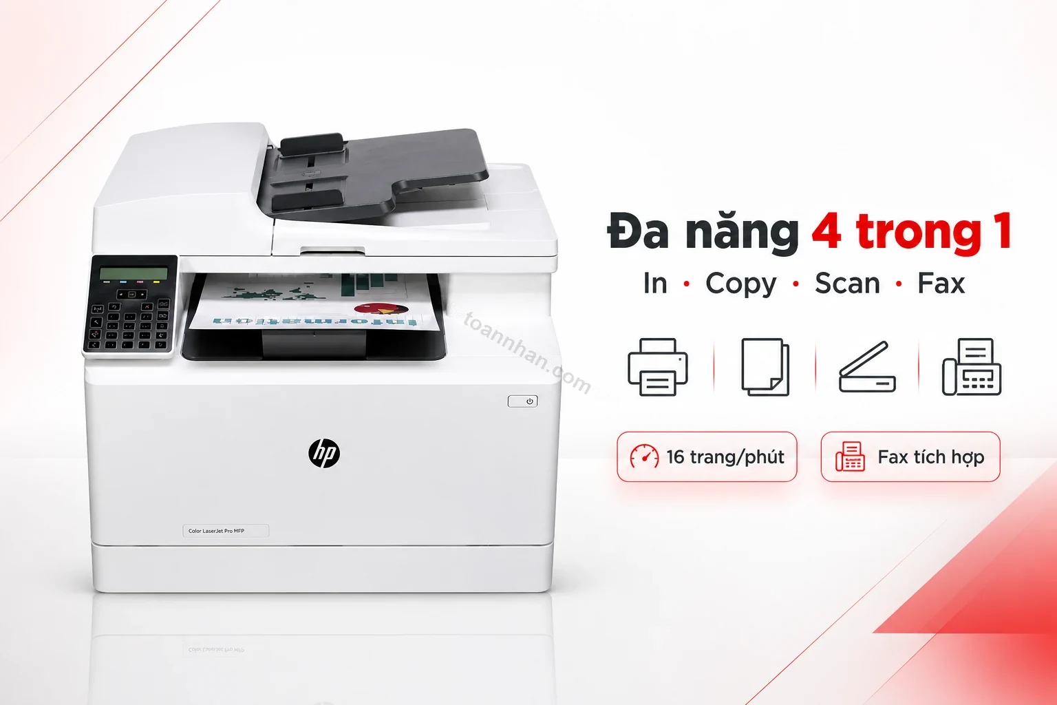 HP Color LaserJet Pro MFP M183fw đang in copy scan fax trên một máy văn phòng nhỏ