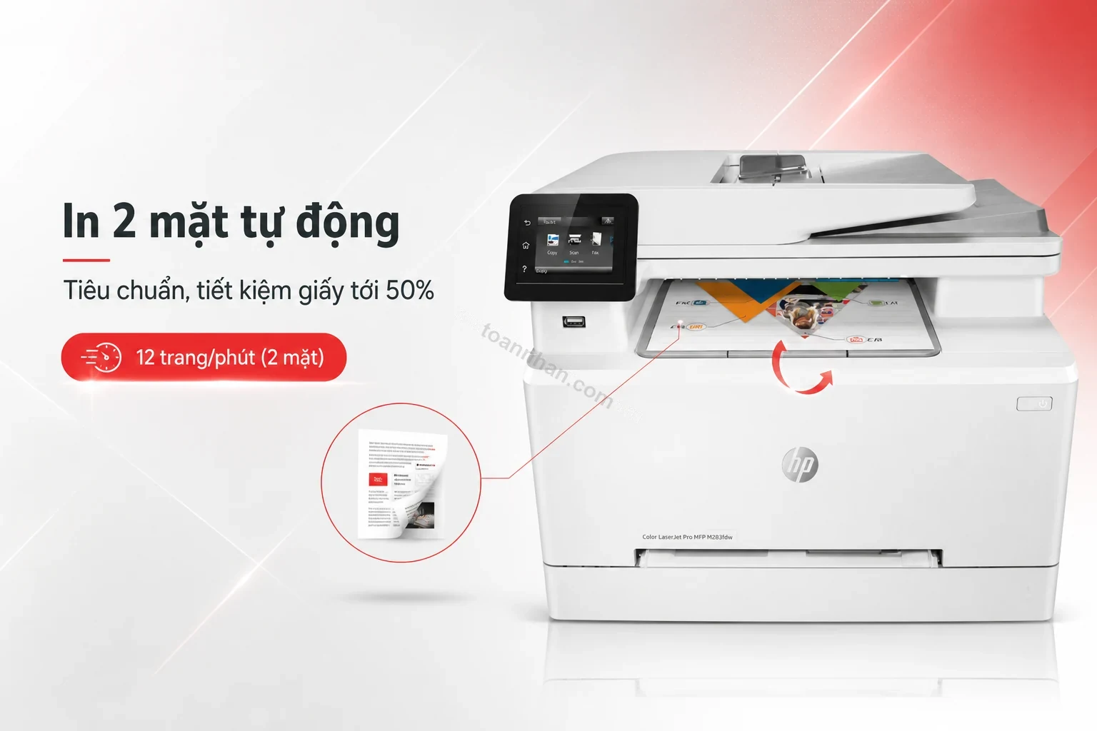 Tính năng in 2 mặt tự động tiêu chuẩn của máy in HP Color LaserJet Pro MFP M283fdw