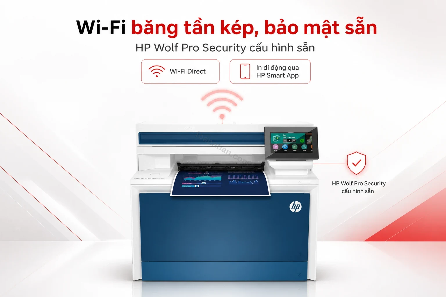 Biểu tượng Wi-Fi và bảo mật HP Wolf Pro Security trên máy in HP MFP 4303fdw
