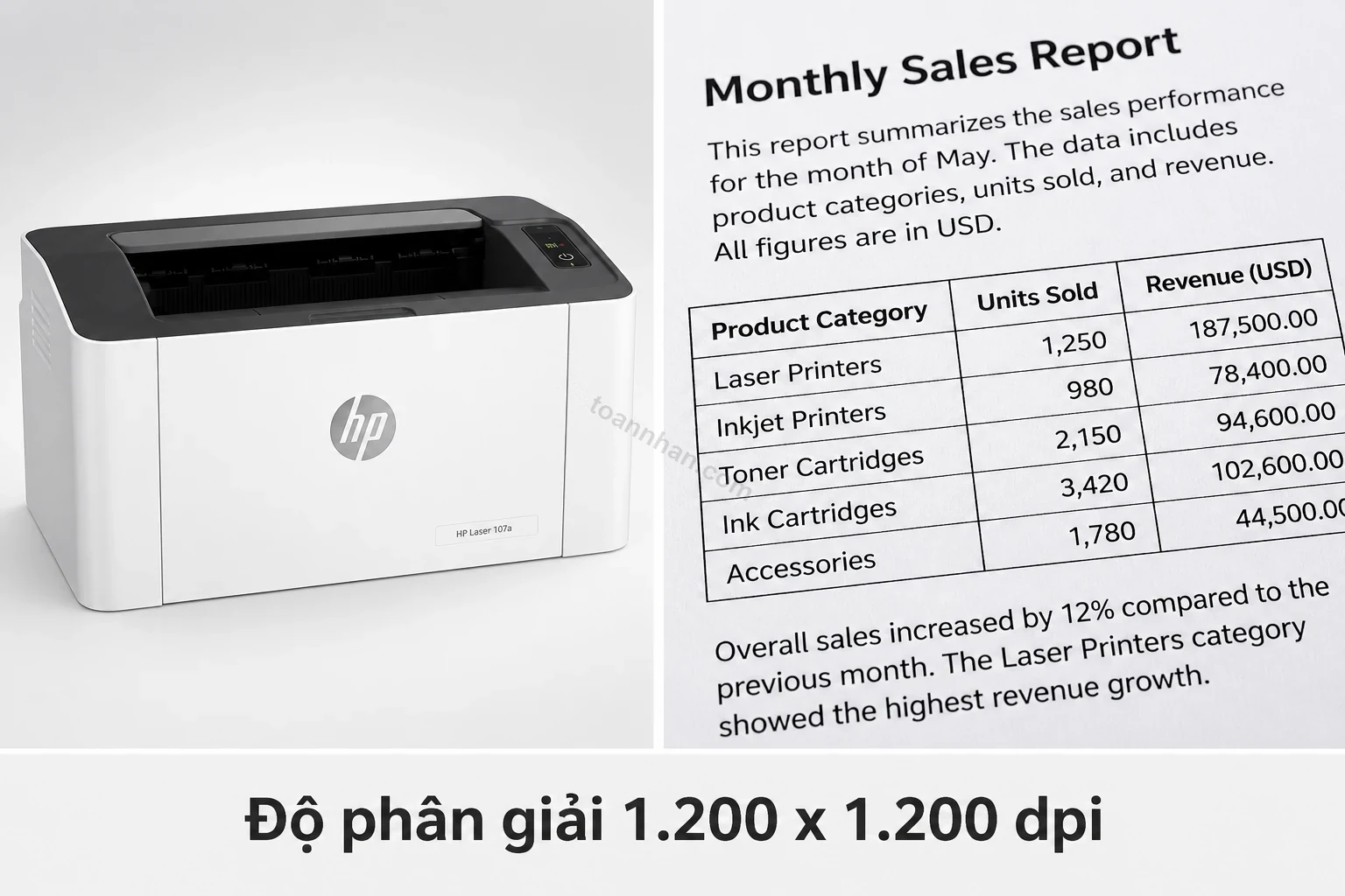 Chất lượng in sắc nét 1200x1200dpi của máy in HP Laser 107a trên văn bản A4