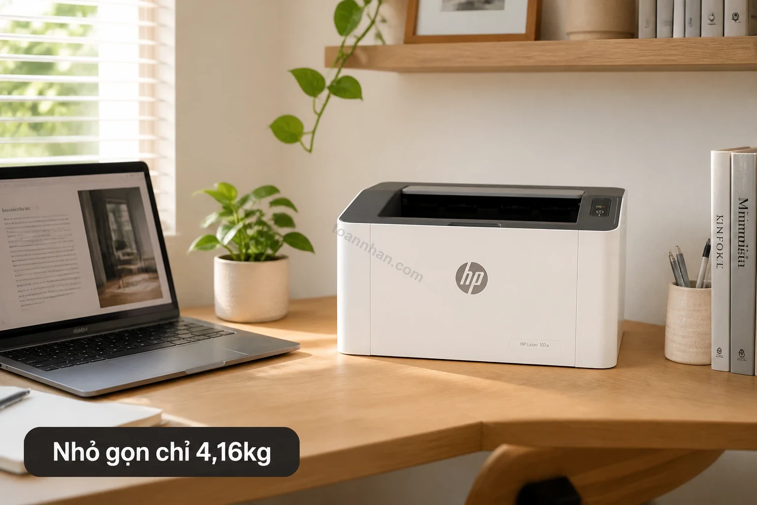 Thiết kế nhỏ gọn của máy in HP Laser 107a đặt trên bàn làm việc văn phòng nhỏ