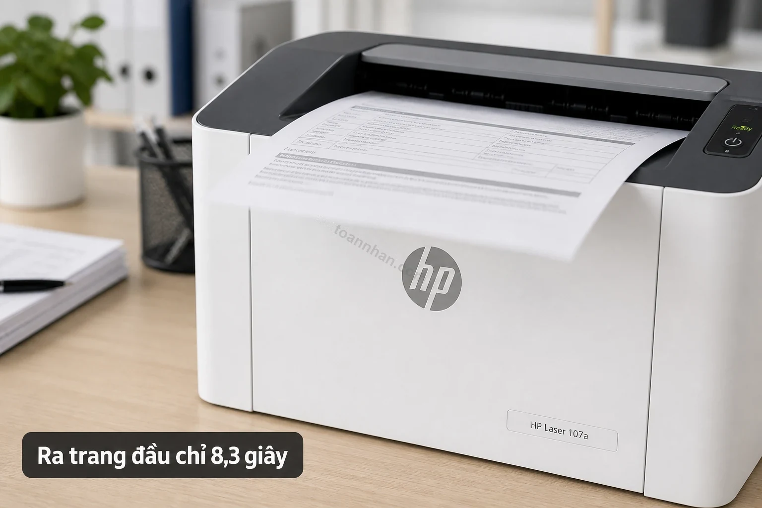 Tốc độ in nhanh của máy in HP Laser 107a — bản in văn bản A4 vừa ra khay giấy