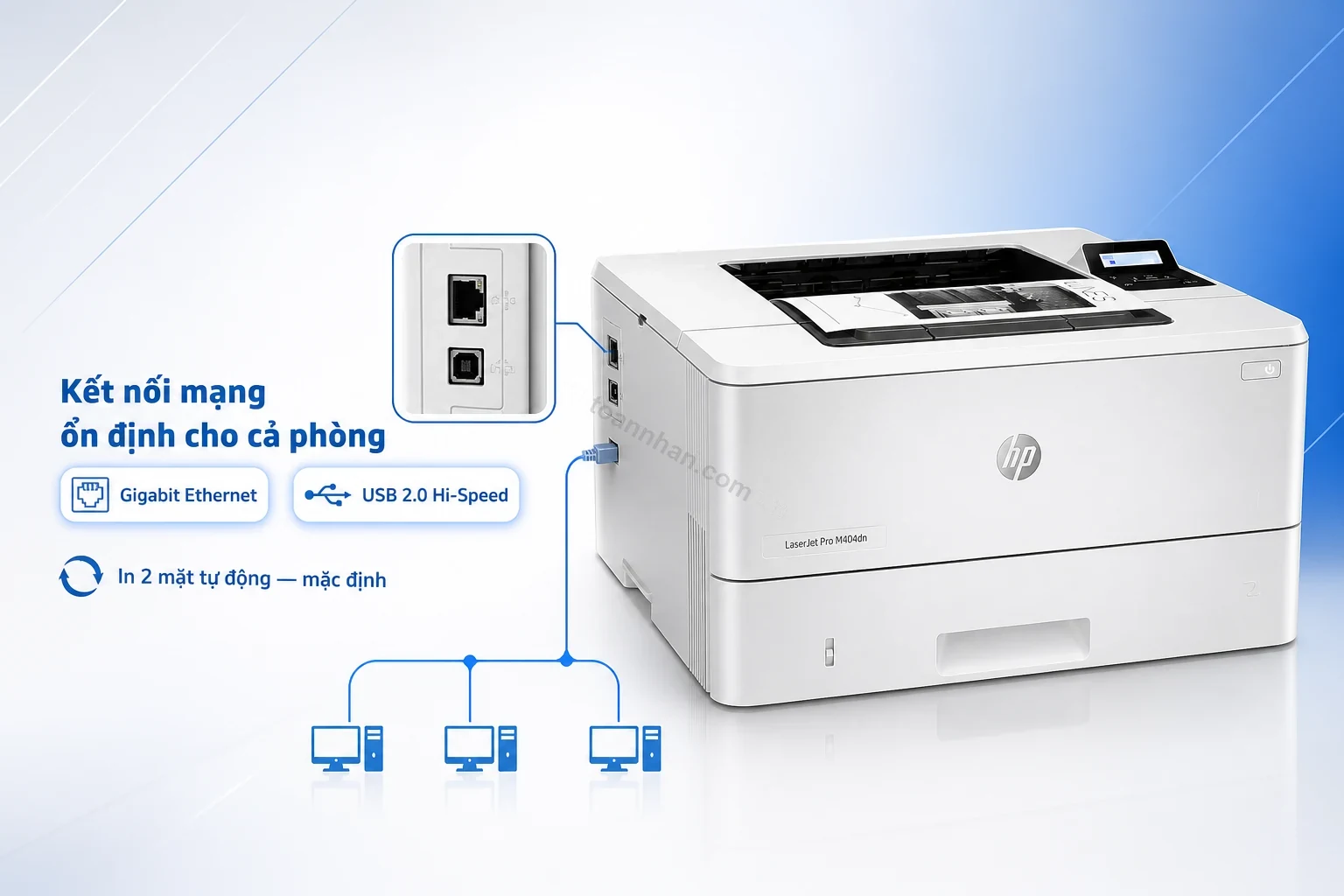 Cổng kết nối Ethernet và USB phía sau máy in HP LaserJet Pro M404dn Chính hãng