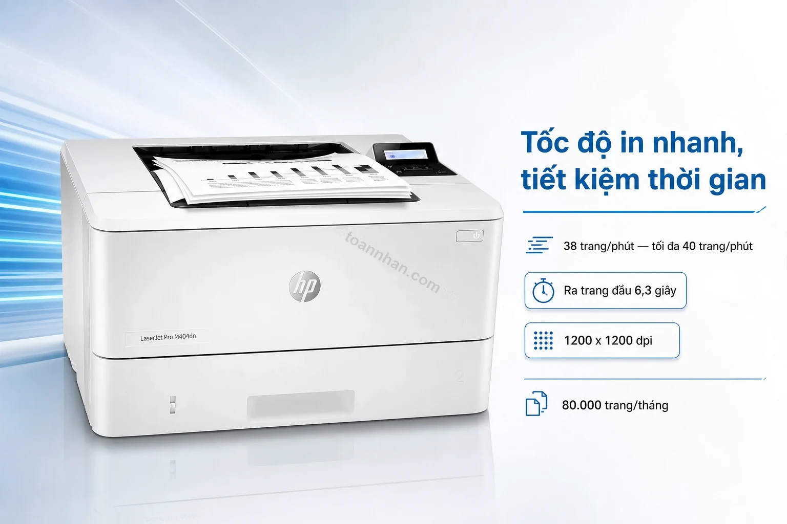 Máy in HP LaserJet Pro M404dn Chính hãng đang in nhanh chồng giấy văn phòng