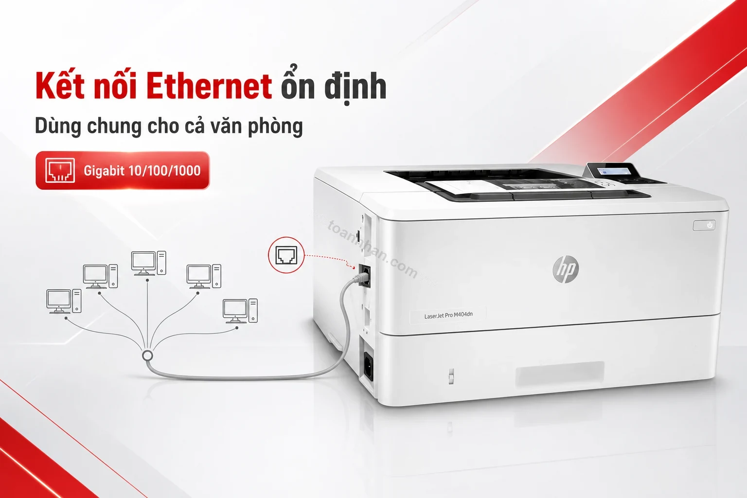 Cổng Gigabit Ethernet phía sau máy in HP LaserJet Pro M404dn