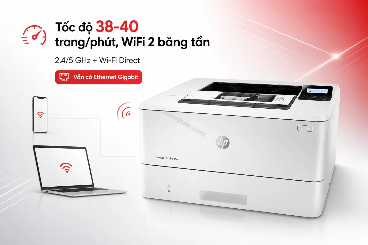 Kết nối WiFi và cổng mạng phía sau máy in HP LaserJet Pro M404dw Chính hãng