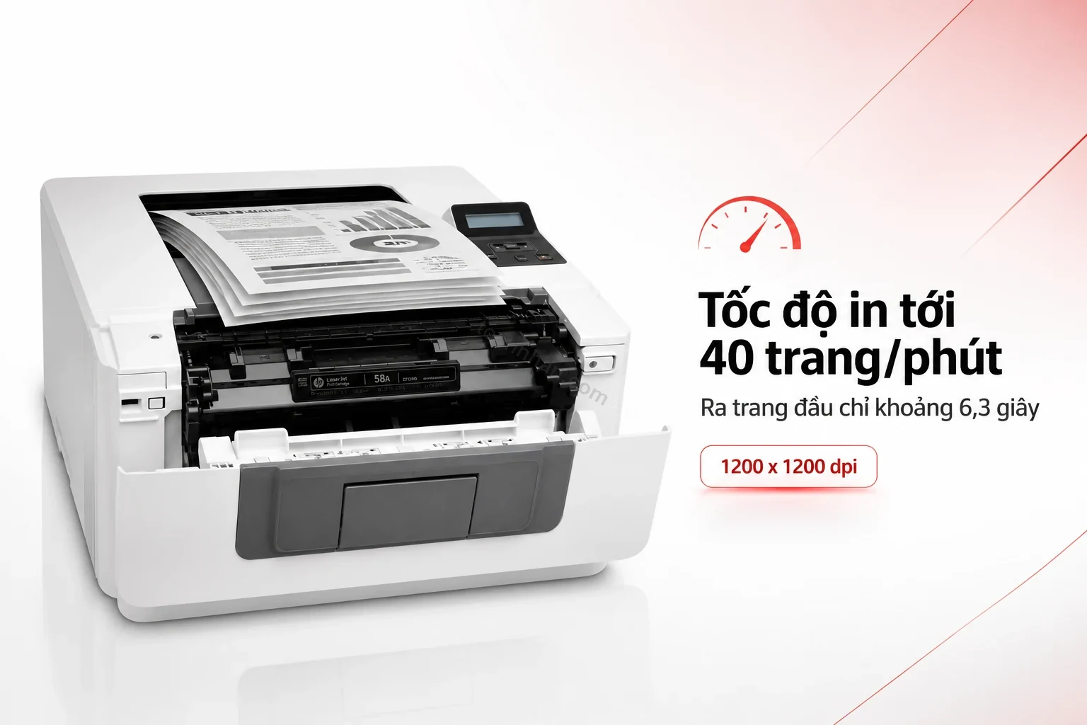 Máy in HP LaserJet Pro M404dw đang in tài liệu văn phòng