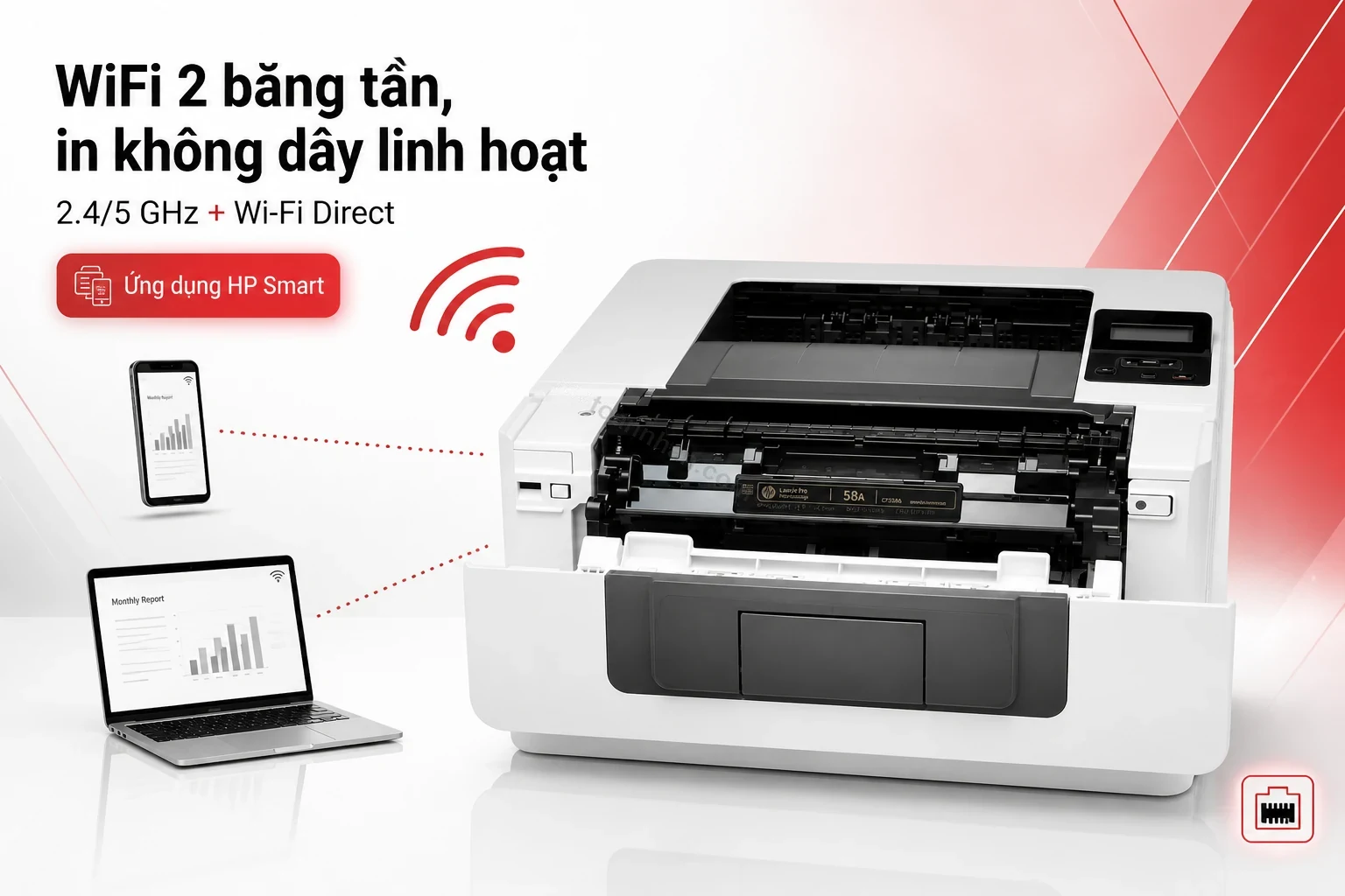 Kết nối WiFi và cổng mạng phía sau máy in HP LaserJet Pro M404dw