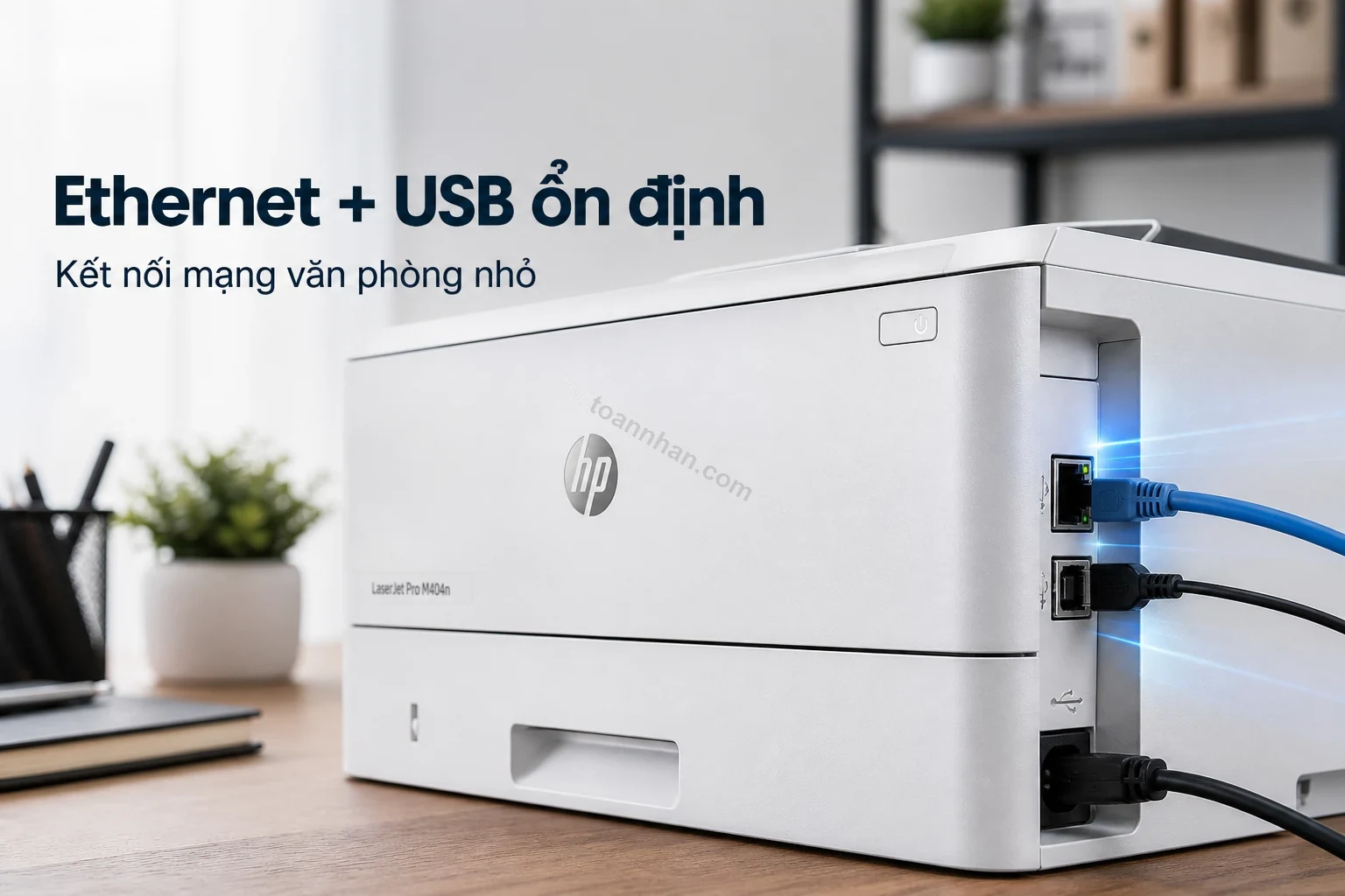 Cổng Ethernet và USB phía sau máy in HP LaserJet Pro M404n