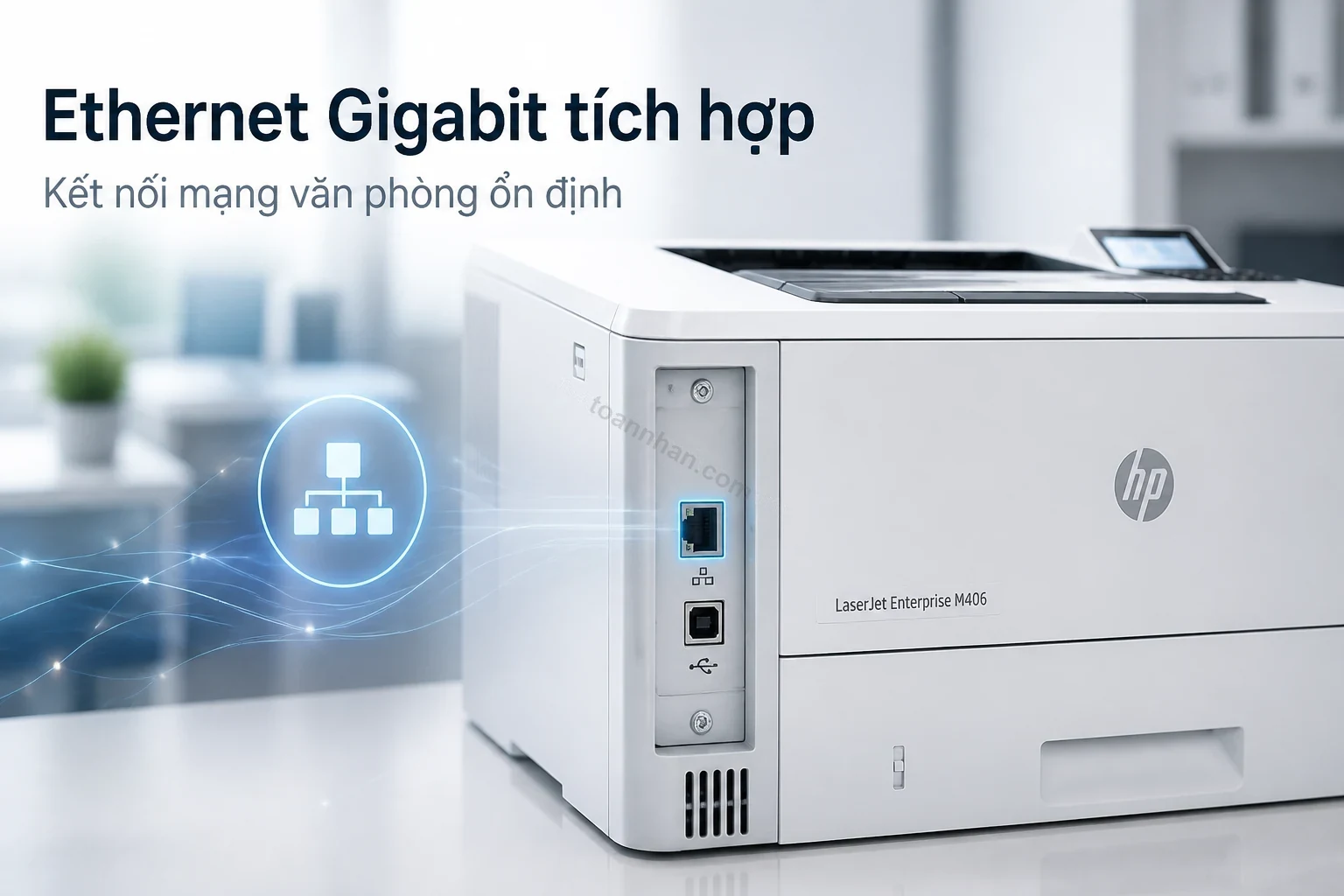 Cổng Ethernet Gigabit và USB phía sau máy in HP LaserJet Enterprise M406dn