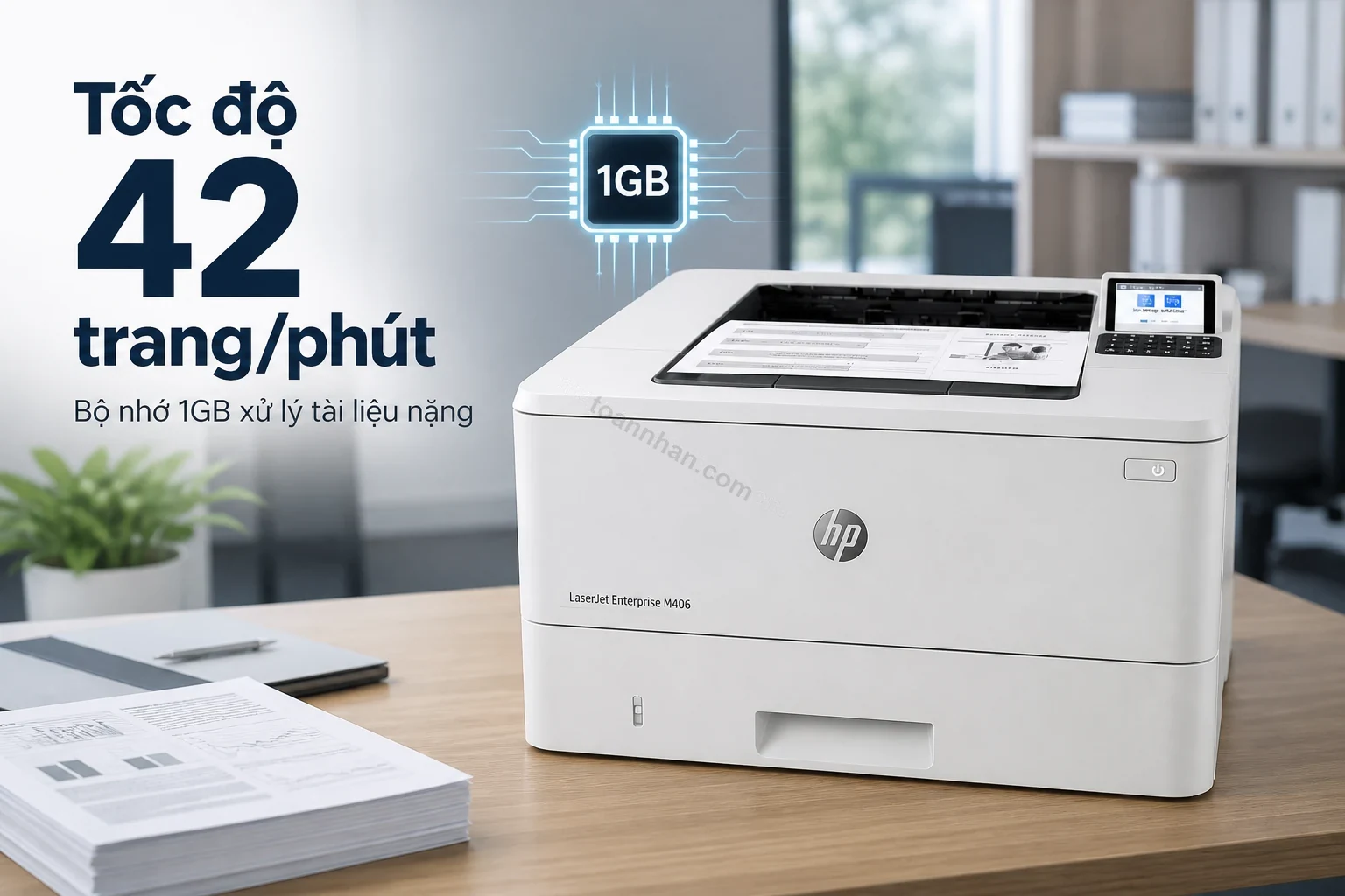 Máy in HP LaserJet Enterprise M406dn đang in tài liệu văn phòng