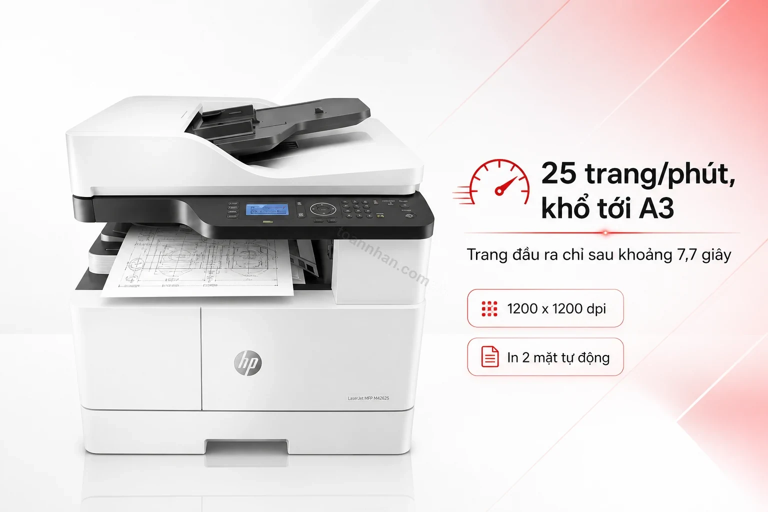 Bản in khổ A3 vừa ra từ HP M42625dn, cận cảnh bản vẽ kỹ thuật đen trắng sắc nét