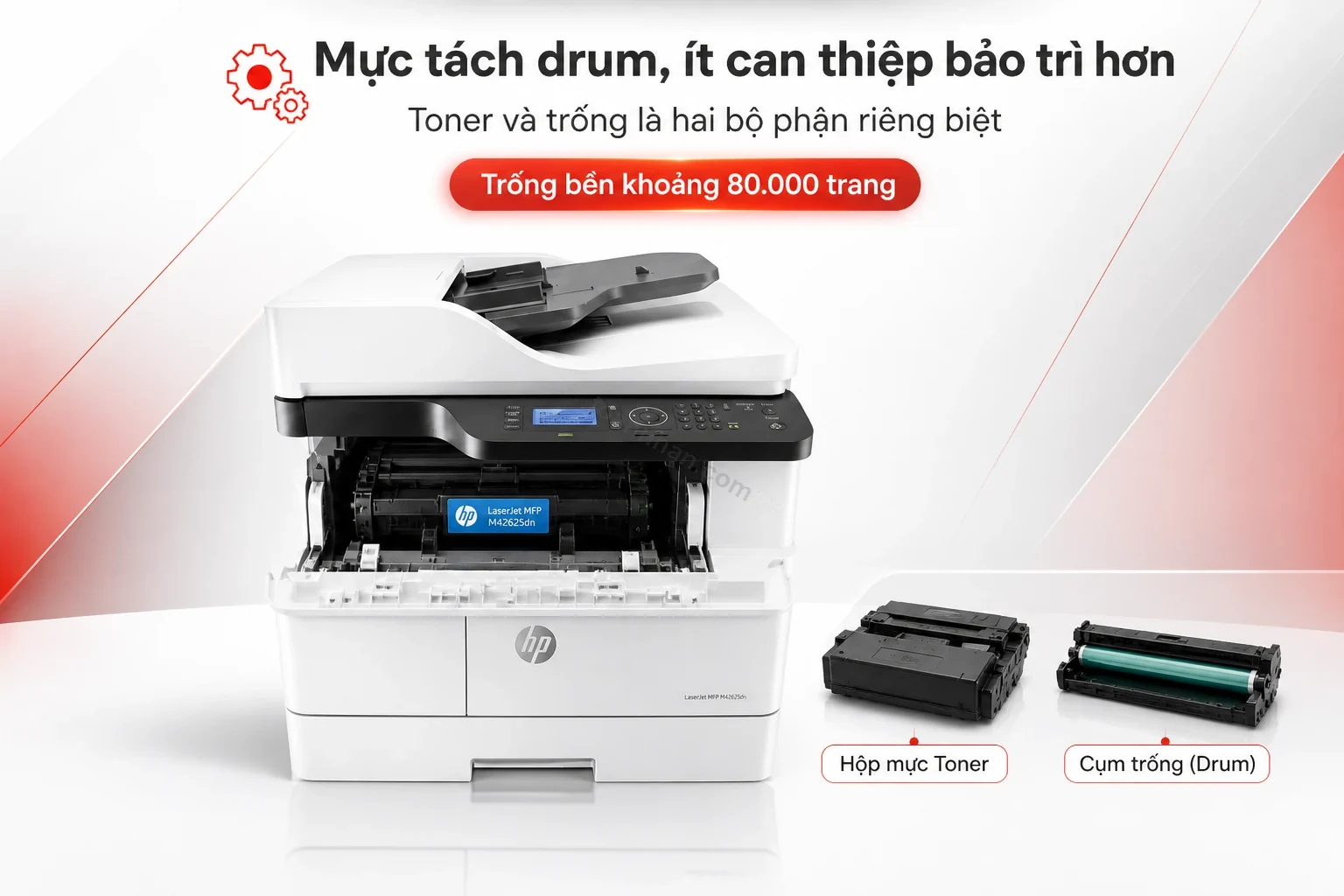 Toner và trống tách rời của HP M42625dn được tháo ra để minh họa thiết kế mực tách drum