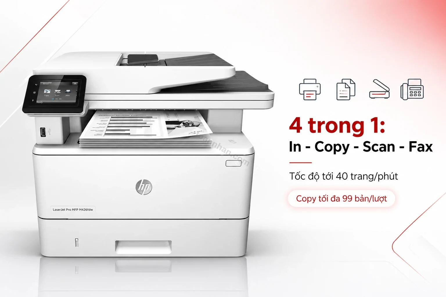 Máy in đa năng HP LaserJet Pro MFP M426fdw đang copy tài liệu văn phòng