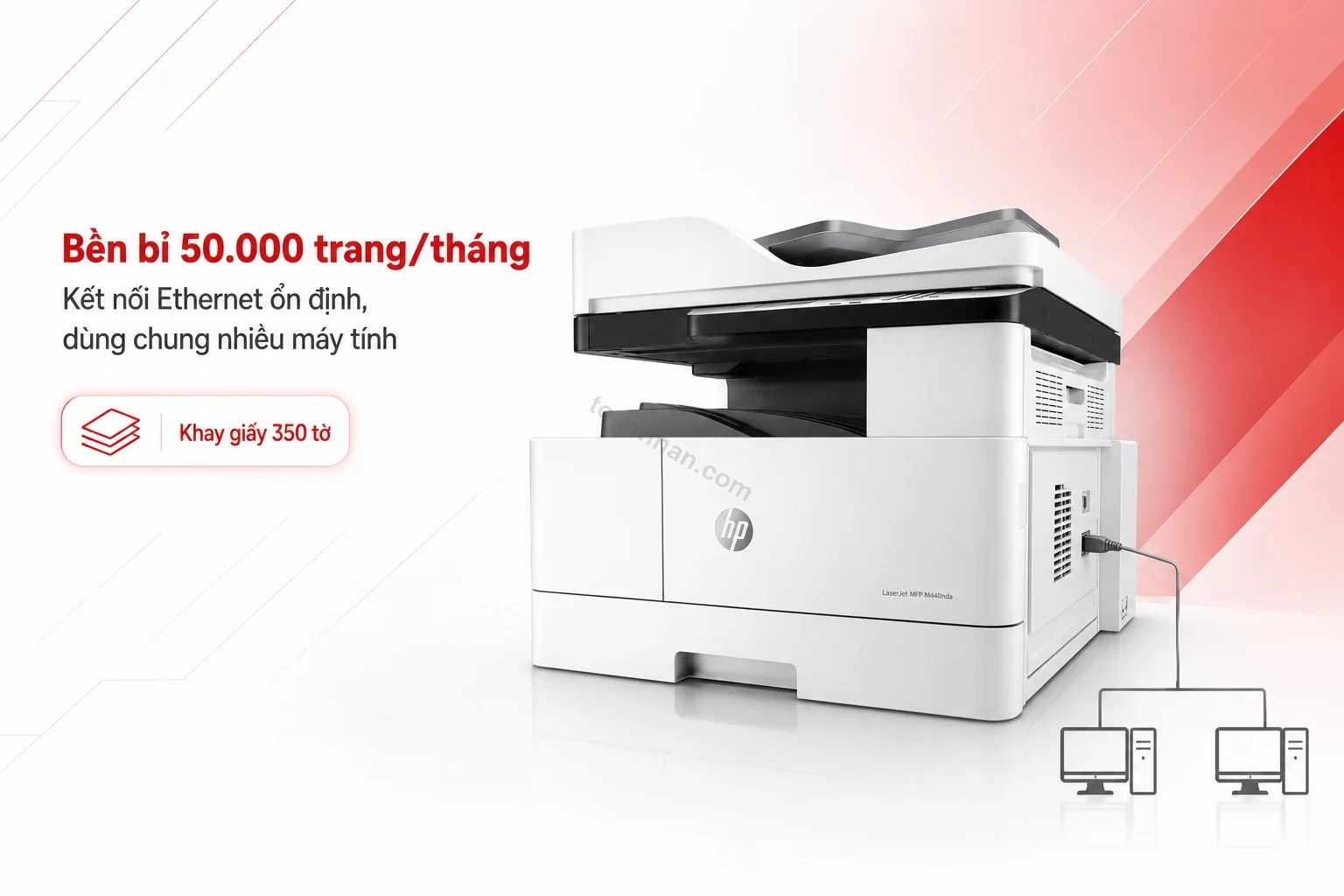 HP M440nda đặt tại văn phòng với khay giấy 350 tờ và hộp mực HP 335X bên cạnh