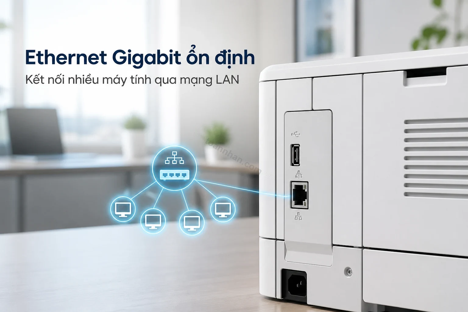 Cổng Ethernet Gigabit và USB phía sau máy in HP LaserJet Pro M501dn