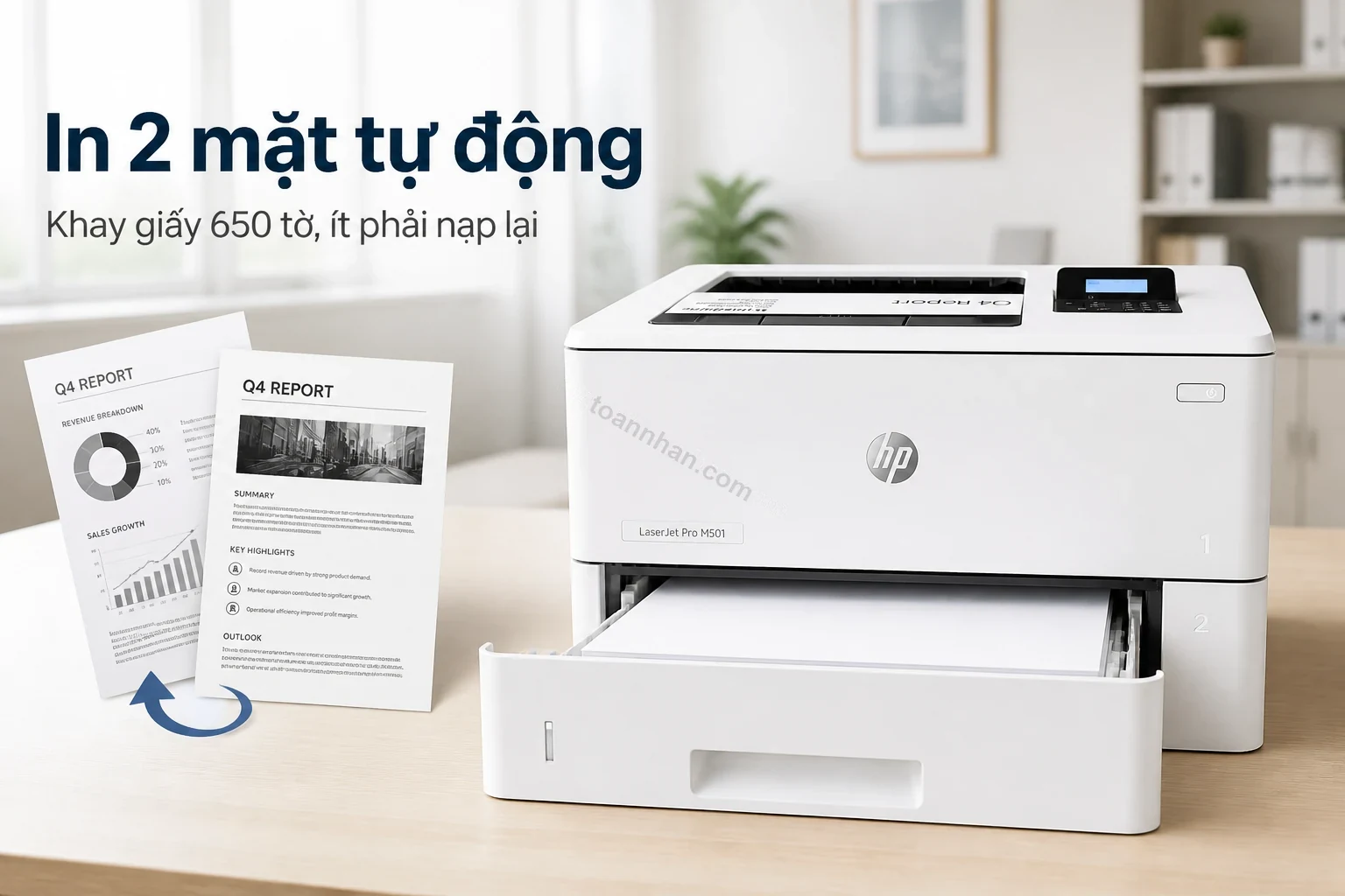 Khay giấy 650 tờ và khay ra giấy của máy in HP LaserJet Pro M501dn