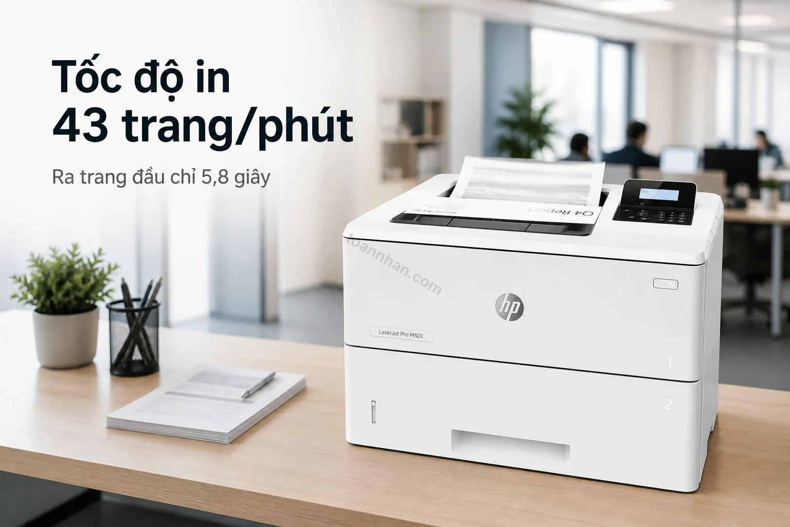 Máy in HP LaserJet Pro M501dn đang in tài liệu văn phòng tốc độ cao