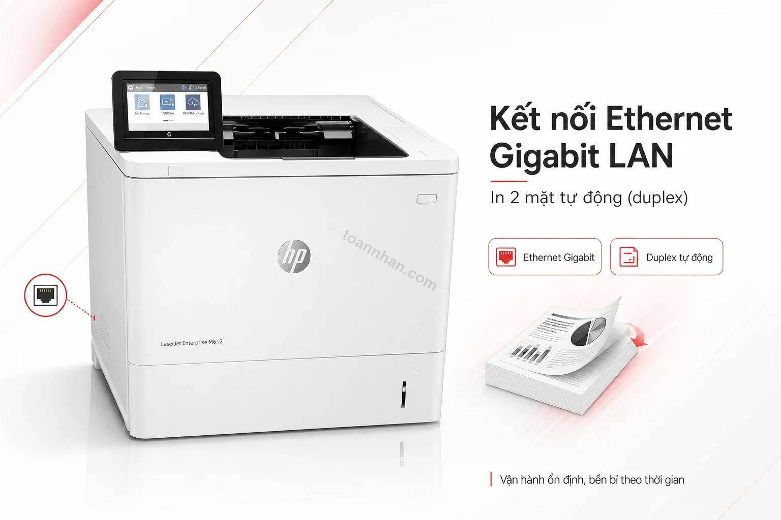 HP LaserJet Enterprise M612dn kết nối Ethernet Gigabit ổn định
