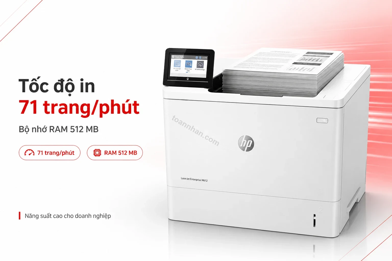 HP LaserJet Enterprise M612dn đang in tài liệu tốc độ cao trong văn phòng
