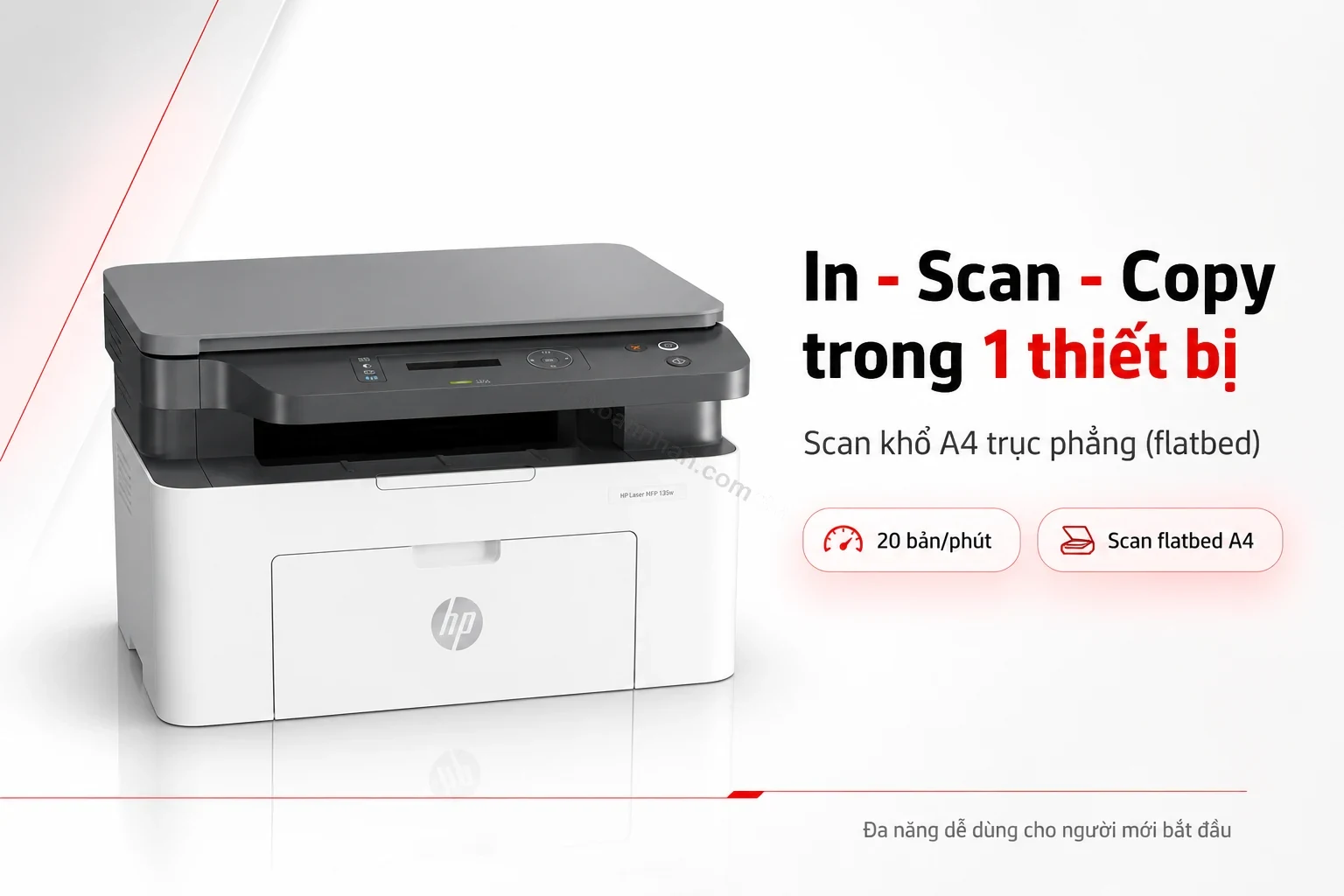 HP Laser MFP 135w đang in và copy tài liệu văn phòng nhỏ