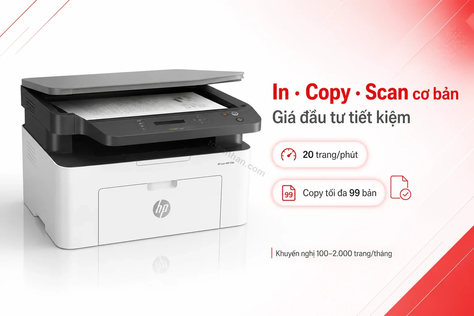 Máy in HP Laser MFP 136a với chức năng in, copy, scan cơ bản