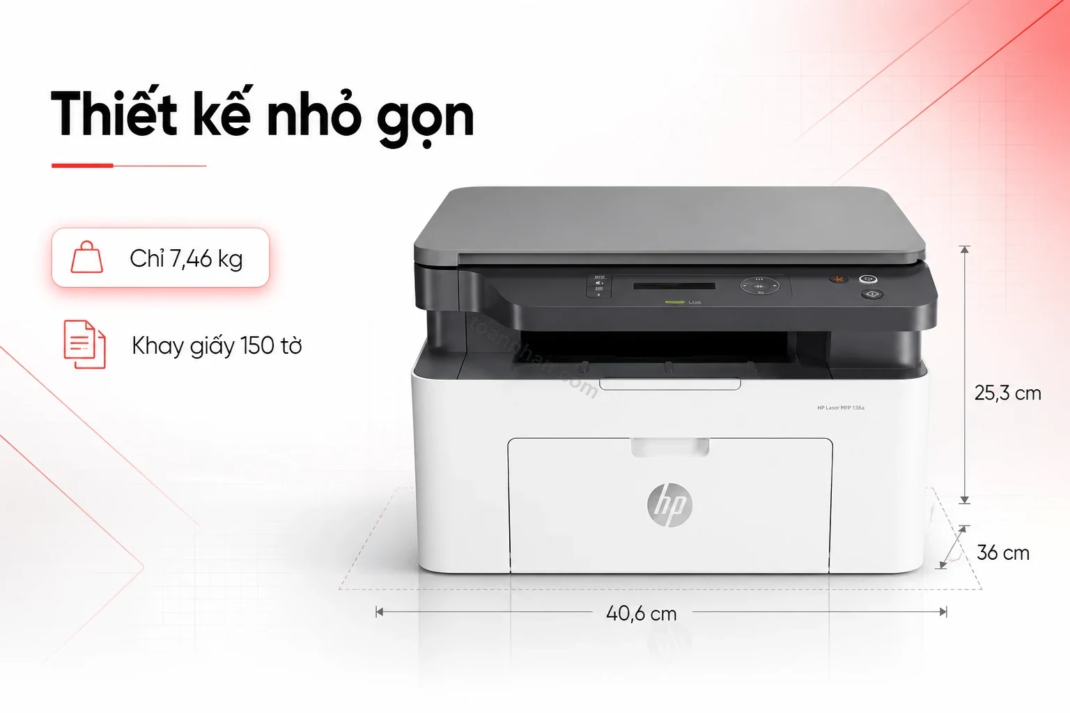 Kích thước nhỏ gọn của máy in HP Laser MFP 136a