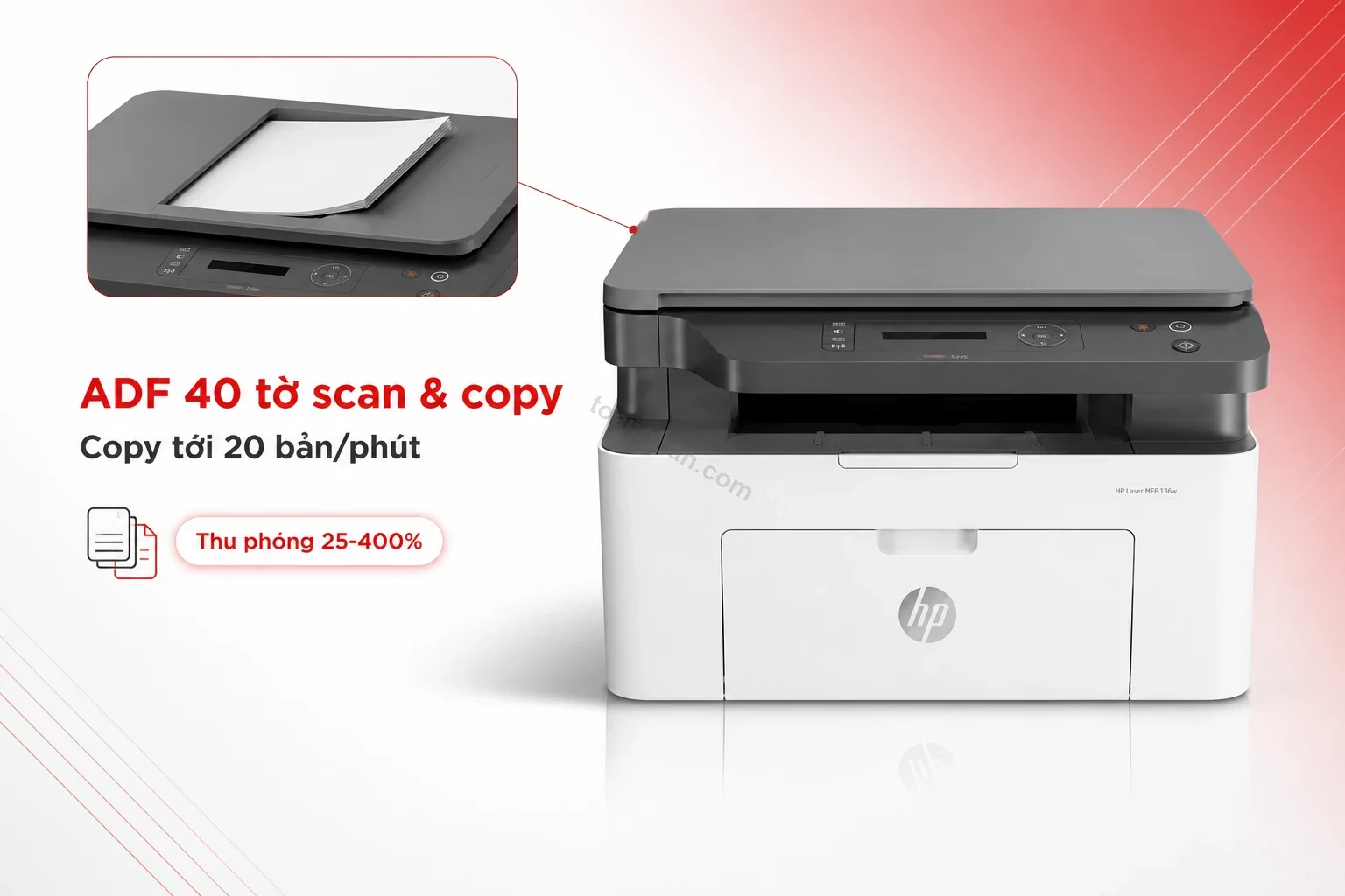 Khay ADF 40 tờ scan copy trên máy in HP MFP 136w