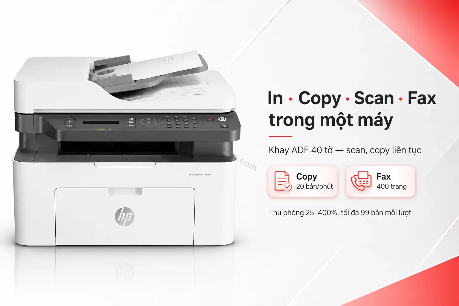 Máy in HP Laser MFP 139FNW với khay ADF 40 tờ, sẵn sàng in copy scan fax