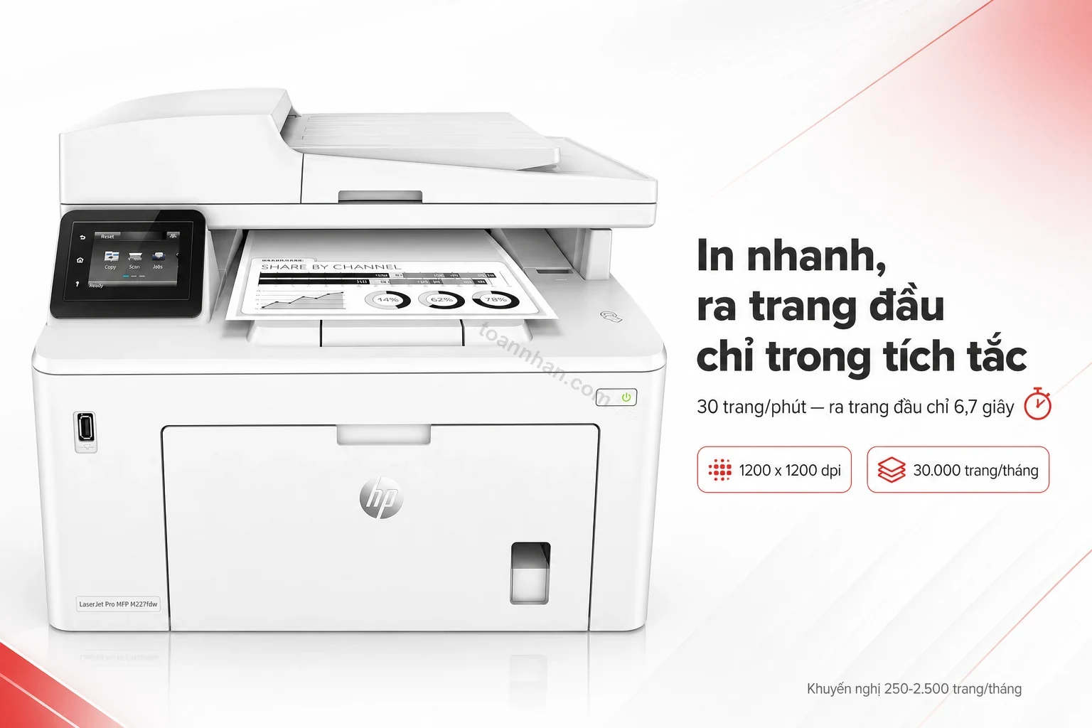 Máy in HP LaserJet Pro MFP M227fdw đang in nhanh chồng giấy văn phòng