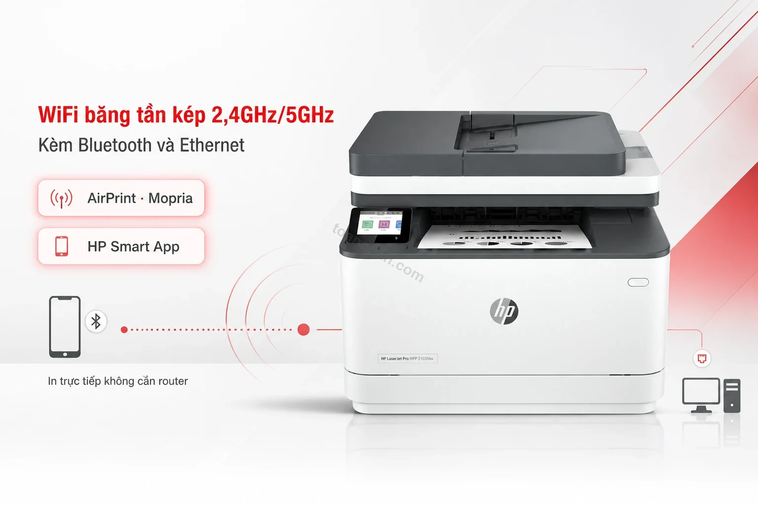 Kết nối WiFi băng tần kép và Bluetooth của máy in HP LaserJet Pro MFP 3103fdw