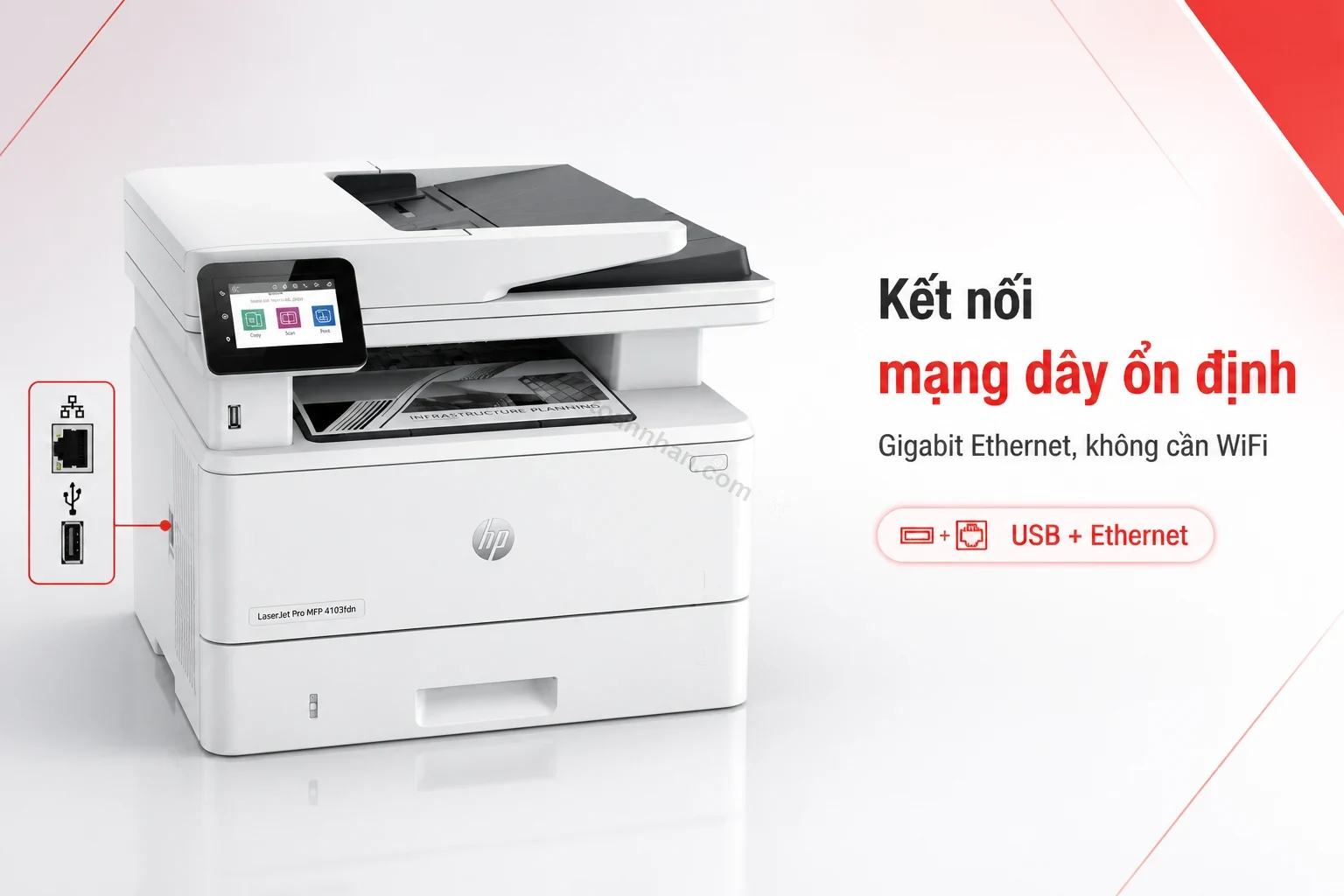Kết nối mạng dây Ethernet Gigabit trên HP LaserJet Pro MFP 4103fdn