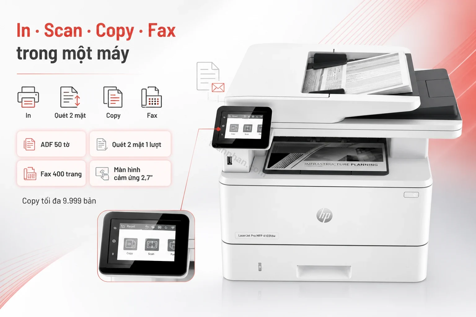 Màn hình cảm ứng và bảng điều khiển máy in đa năng HP LaserJet Pro MFP 4103fdw