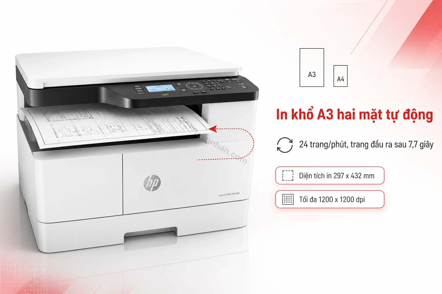 Máy in HP LaserJet MFP M442dn nhìn từ mặt trước, tài liệu A3 vừa in trên khay ra giấy