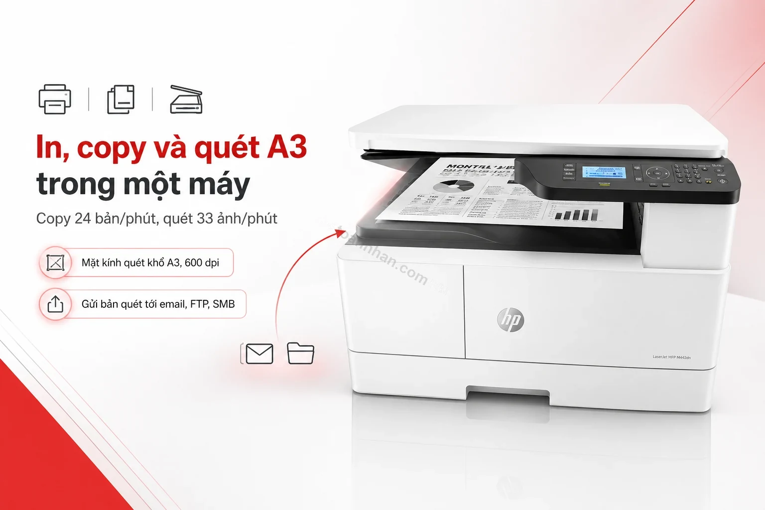 Cận cảnh bảng điều khiển LCD 4 dòng và bàn phím số của HP LaserJet MFP M442dn