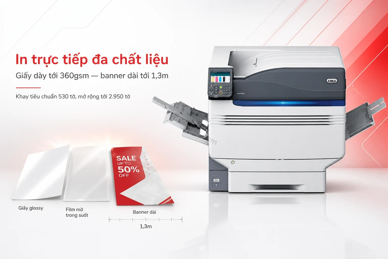 Vật liệu in đa dạng trên OKI Pro9431DN: giấy bóng, film và banner khổ dài