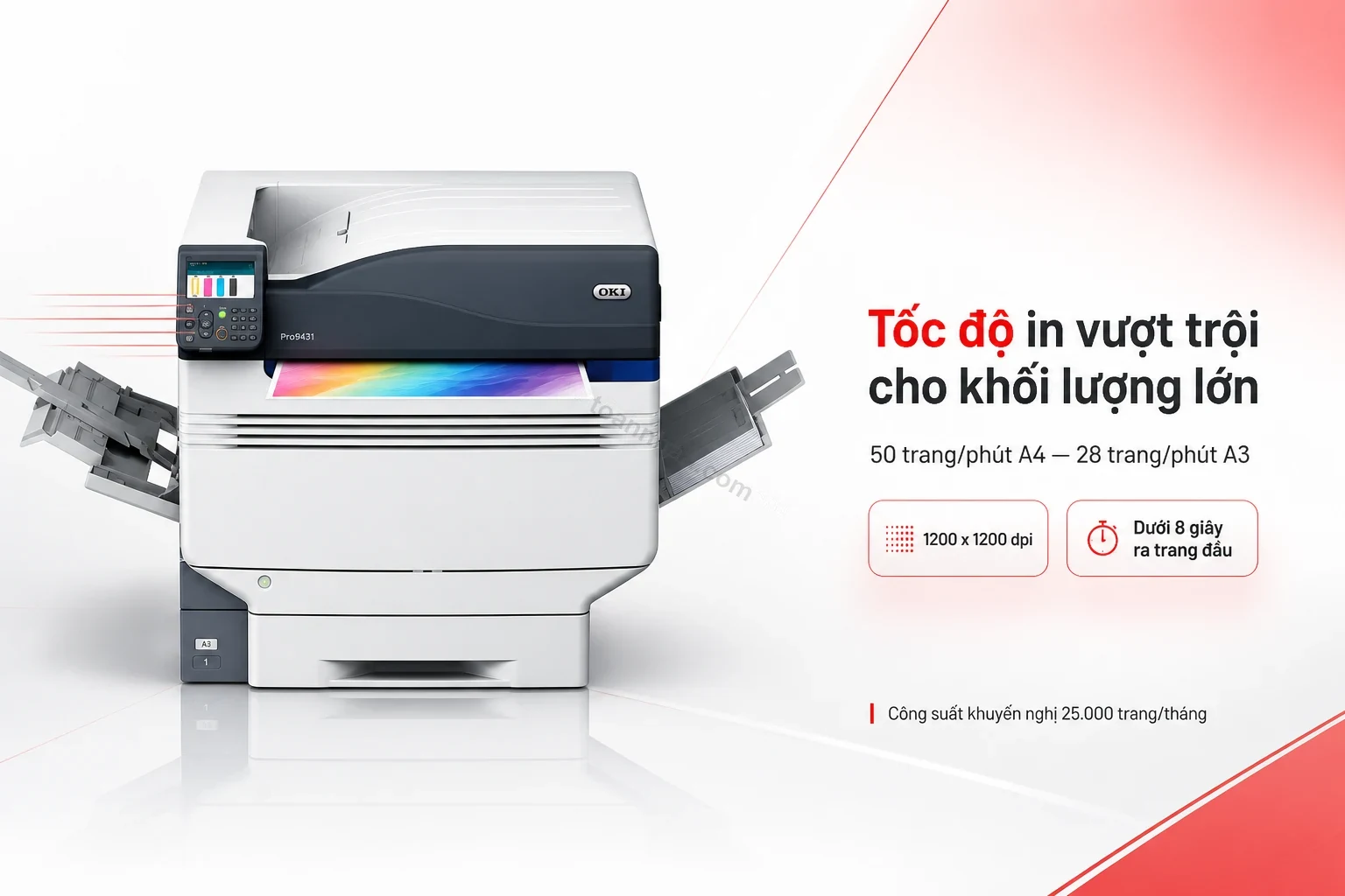 Máy in OKI Pro9431DN A3 đang in tài liệu màu tốc độ cao