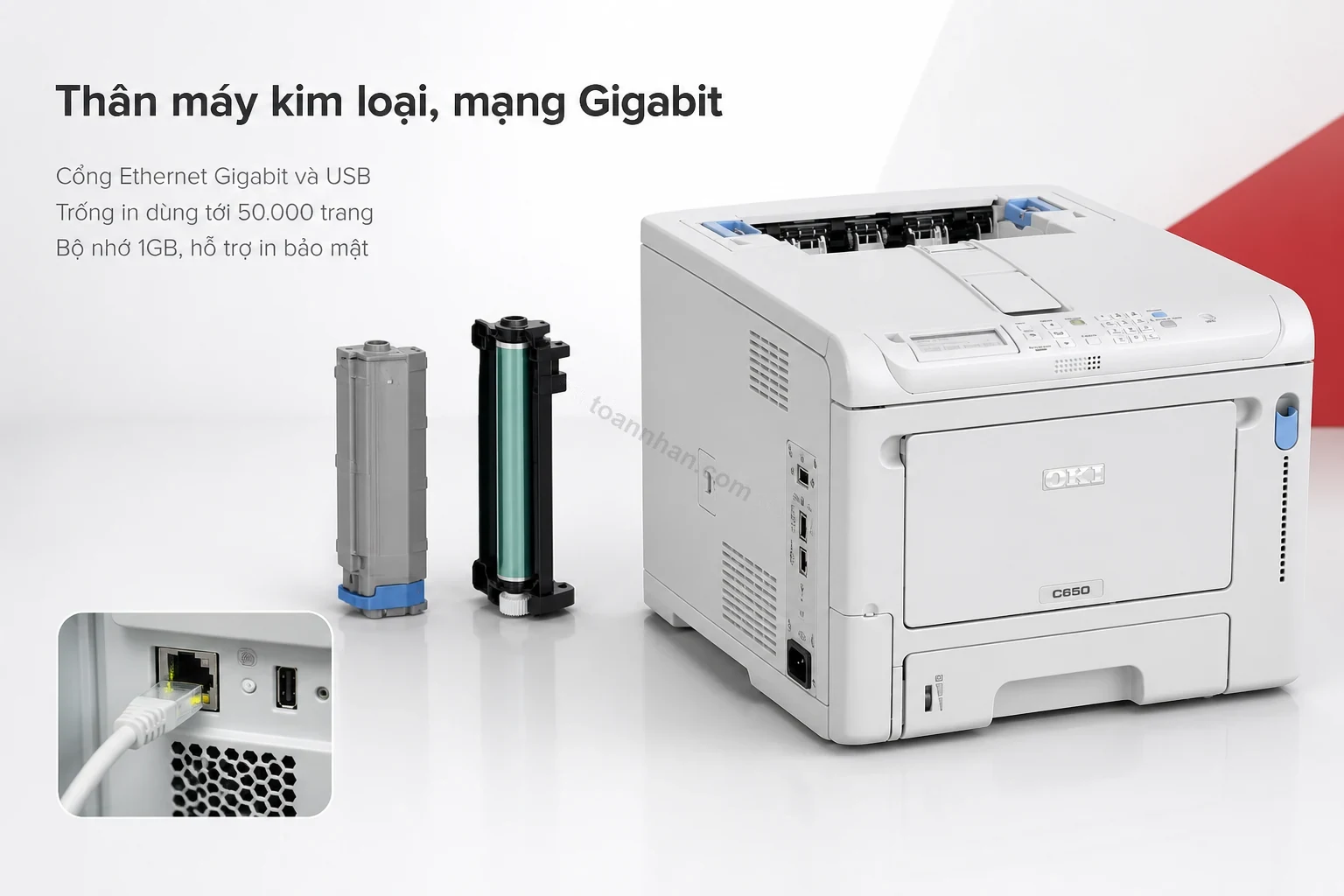 Cận cảnh thân máy kim loại OKI C650DN với cổng Ethernet và khay nạp giấy