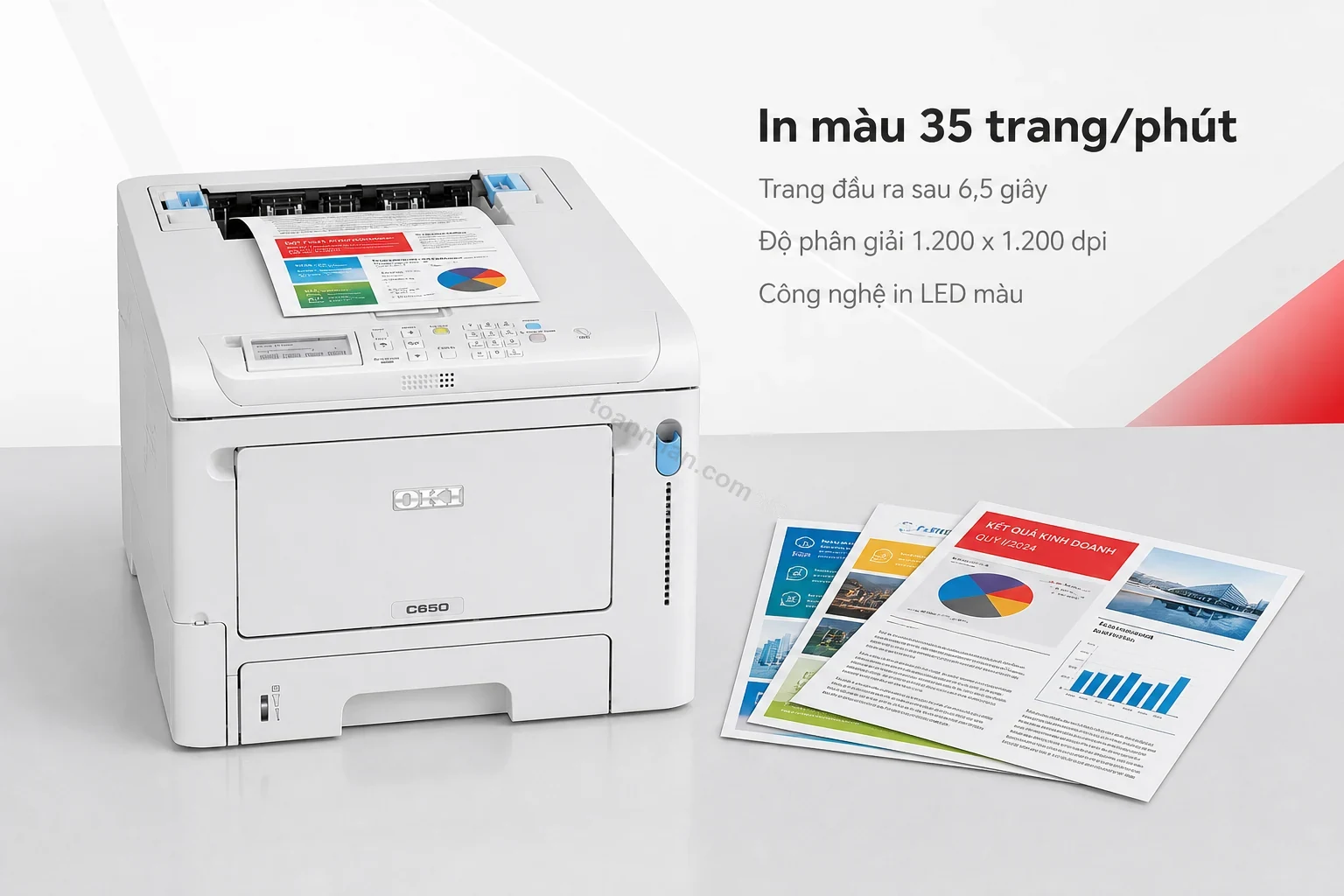 Bản in màu thực tế từ OKI C650DN — brochure A4 cận cảnh độ sắc nét màu và chữ