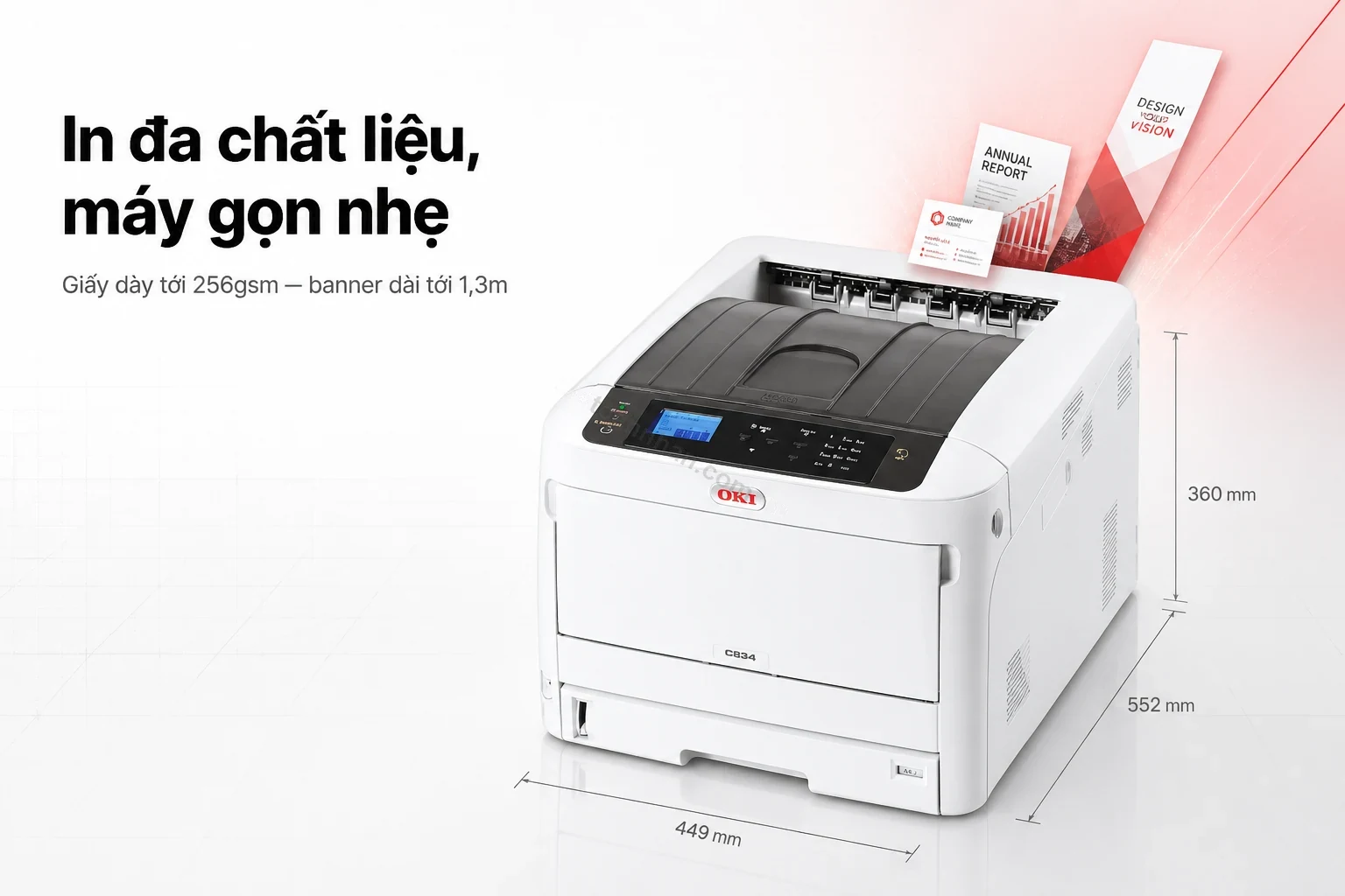 Vật liệu in đa dạng trên OKI C834NW: danh thiếp, bìa cứng và banner khổ dài