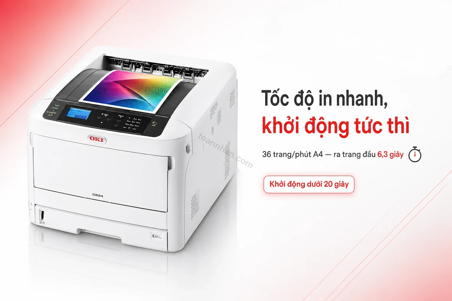 Máy in OKI C834NW khổ A3 đang in tài liệu màu tốc độ cao