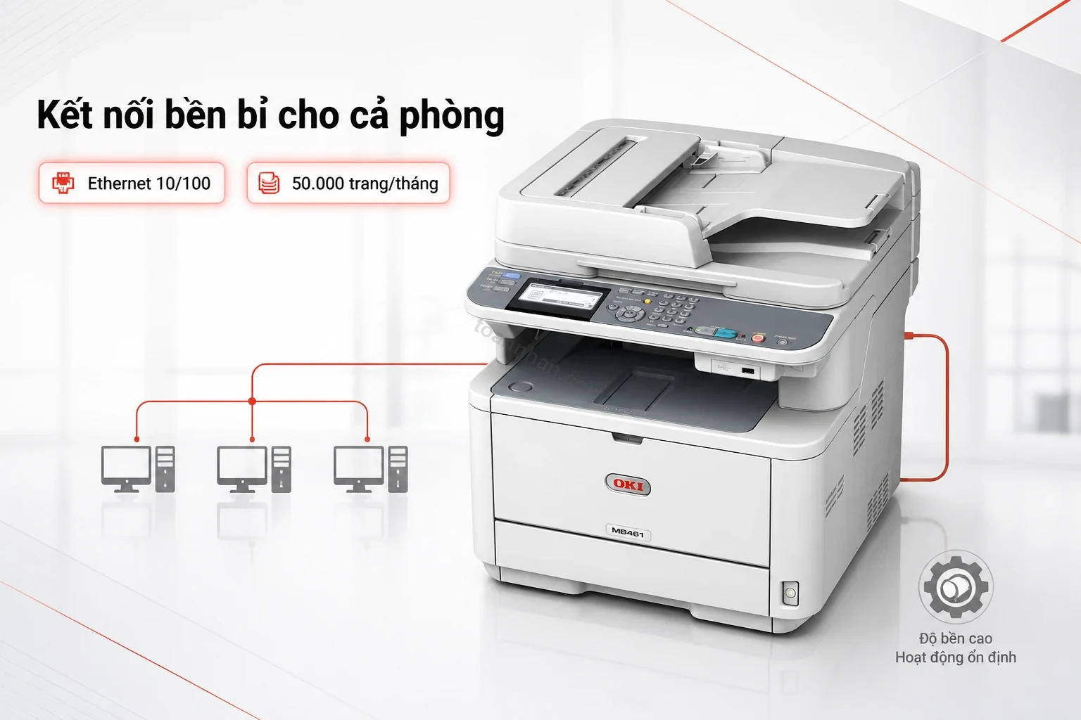 Sơ đồ kết nối Ethernet của Oki MB461DN chia sẻ cho nhiều máy tính trong văn phòng