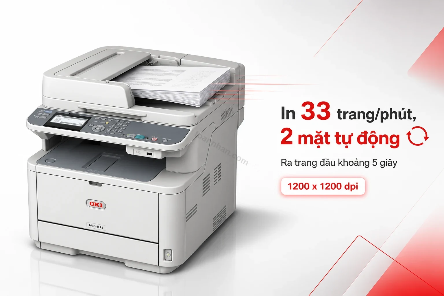Bản in hai mặt tự động từ máy Oki MB461DN nằm trên khay ra giấy