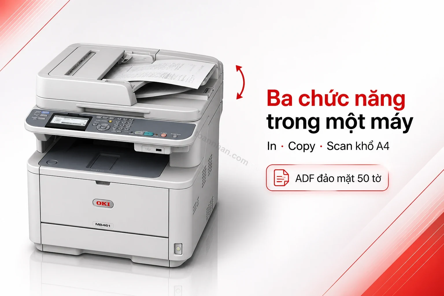 Máy in Oki MB461DN nhìn từ mặt trước, thể hiện khay ADF đảo mặt và bảng điều khiển