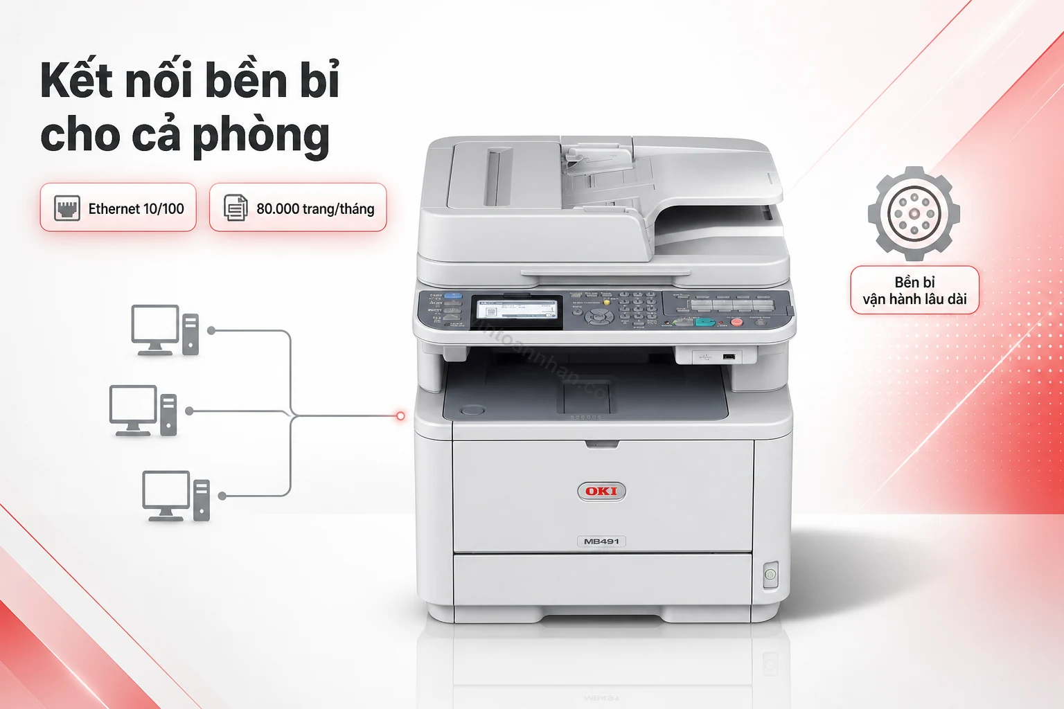 Sơ đồ kết nối Ethernet của Oki MB491DN chia sẻ cho nhiều máy tính trong văn phòng