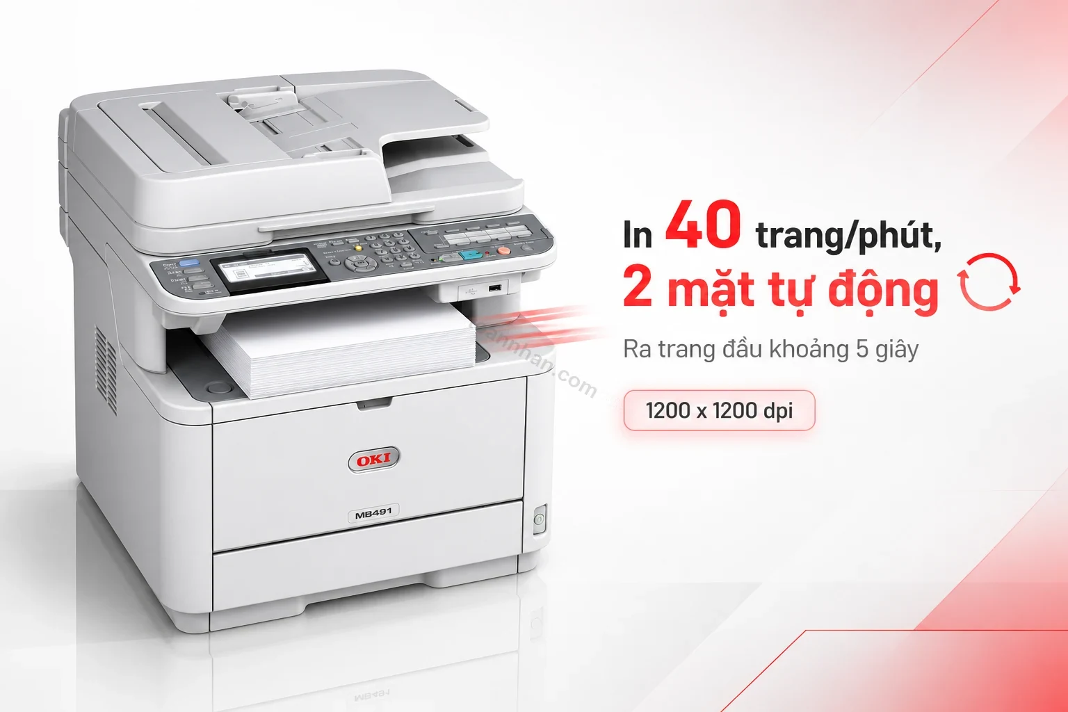 Bản in hai mặt tự động từ máy Oki MB491DN nằm trên khay ra giấy
