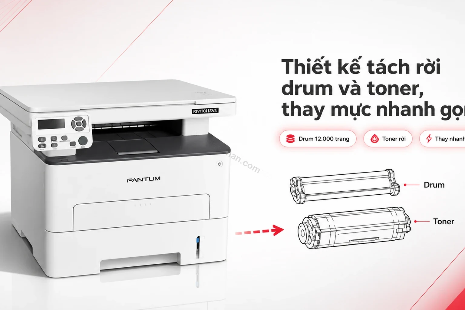 Pantum M6702DW thiết kế tách rời drum và hộp mực toner