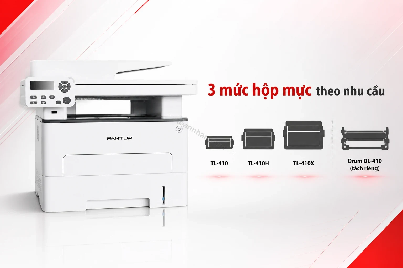 Ba hộp mực Pantum TL-410, TL-410H, TL-410X và drum DL-410 tách rời cho máy in M7100DW