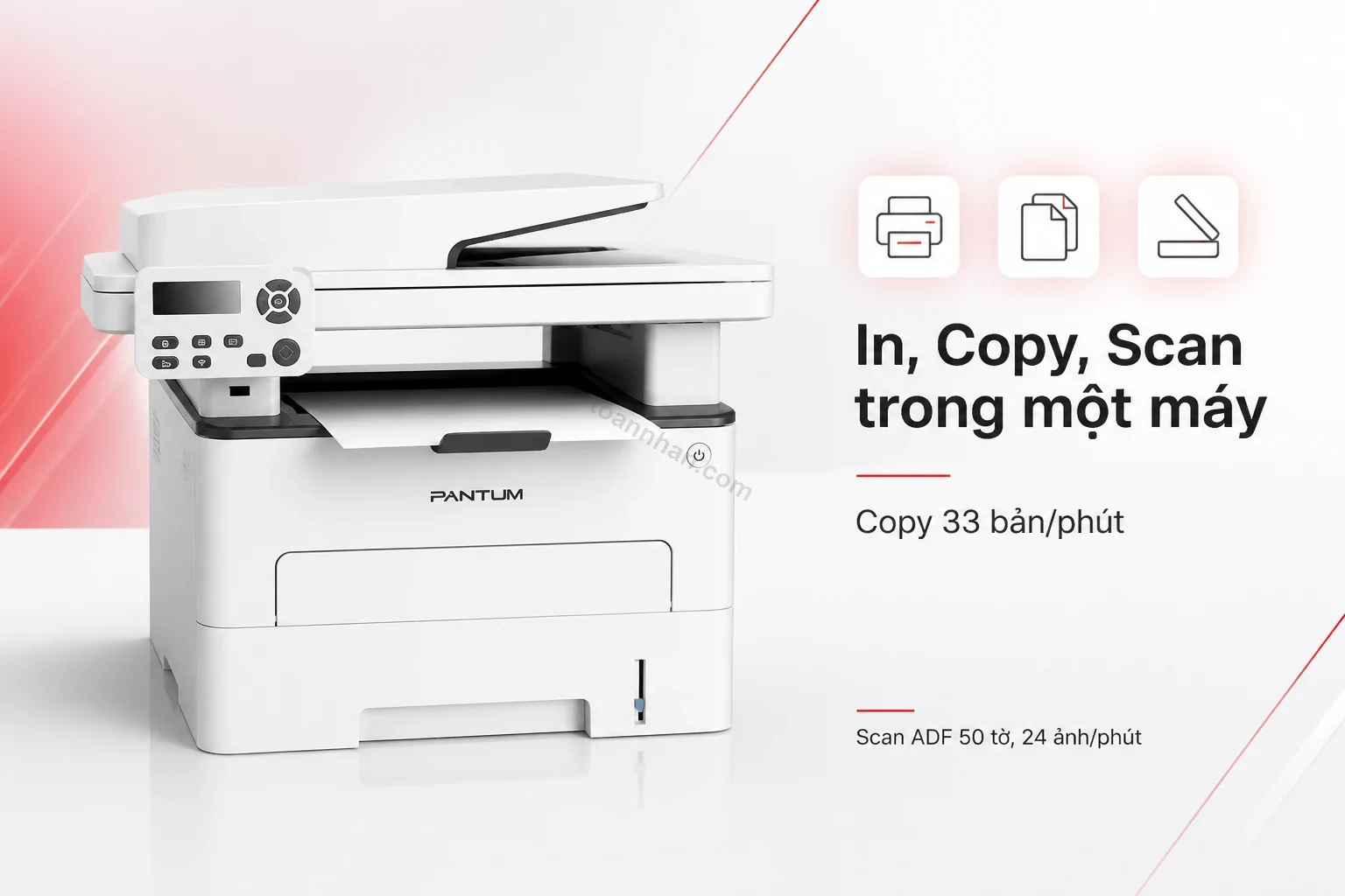 Máy in Pantum M7100DW với khay ADF và mặt kính scan, tích hợp in copy scan trong một thân máy